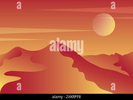 Paesaggio desertico estetico, illustrazione delle dune del sahara. Tramonto crepuscolo crepuscolo cielo crepuscolo per la religione islamica, Eid al Adha Illustrazione Vettoriale