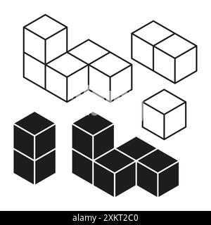 Set di vettori cubici 3D. Blocchi isometrici in bianco e nero. Collezione di forme geometriche. Design astratto. Illustrazione Vettoriale