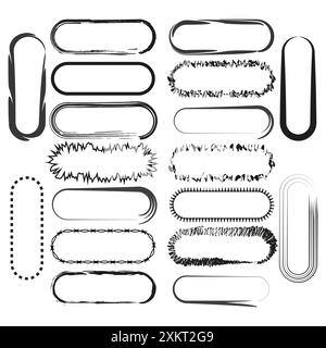 Set di cornici ovali. Vari stili di linea. Forme vettoriali geometriche. Contorni neri astratti. Illustrazione Vettoriale