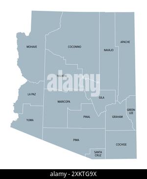 Contee dell'Arizona, mappa politica grigia. Stato senza sbocco sul mare soprannominato Stato del Grand Canyon, nella regione sudoccidentale degli Stati Uniti. Foto Stock