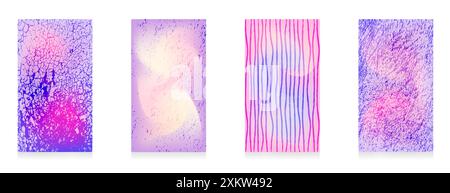 Set di quattro vivaci sfondi astratti con texture grunge in tonalità rosa, viola e blu. Gradienti pastello verticali per storie sui social media Illustrazione Vettoriale