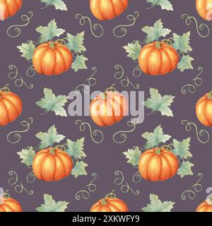 Zucche arancioni e foglie verdi fanno da sfondo alla clipart. Motivo acquerello senza cuciture per l'uso in arredamento per la casa, inviti a eventi, merchandising a tema e stoviglie di stagione. Foto Stock