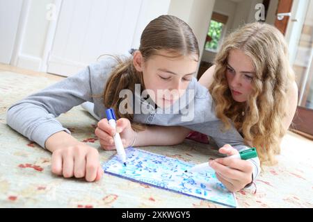 Le ragazze che fanno matematica sdraiate sul pavimento scrivono su lavagna bianca con penne frazioni di algebra sorelle matematiche ragazze di educazione matematica in STEM Foto Stock