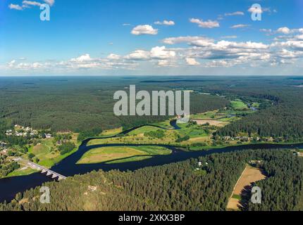 Vista dall'alto, affluente dei fiumi lituani Nemunas e Merkys, vicino a Merkine. Parco nazionale di Dzukija. Foto Stock