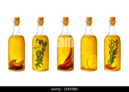 Set di bottiglie di olio d'oliva aromatizzato con spezie, erbe aromatiche, peperoncino caldo, aglio, limone, timo e rosmarino isolati su sfondo bianco. Può essere u Foto Stock