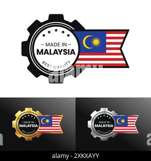 Prodotto in Malesia con design a bandiera e outfit. Per banner, timbro, adesivo, icona, logo, simbolo, etichetta, distintivo, sigillo, segno. Illustrazione vettoriale Illustrazione Vettoriale