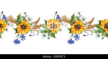 Girasole, margherite, fiordaliso, orecchie di frumento, illustrazione orizzontale ad acquerello. Festival del raccolto. Fiori selvatici isolati dallo sfondo. COM Foto Stock