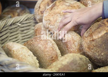 Scegliere il pane fresco da un cestino di panetteria artigianale è un'esperienza deliziosa per gli amanti del cibo Foto Stock