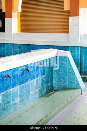 Una struttura Wadhu, uno spazio dedicato per il lavaggio rituale (wudu) prima della preghiera, un'area di abluzione per la pulizia e la purificazione, con file di wa piastrellati blu Foto Stock