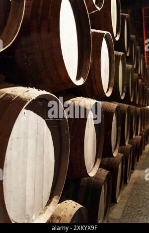 Vista laterale delle botti di rovere impilate nella vecchia cantina con l'invecchiamento del vino Porto dai vigneti della valle del Douro in Portogallo. Prodotto dell'agricoltura biologica. Foto Stock