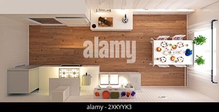 Cucina vista dall'alto. 3D rendering concept Foto Stock