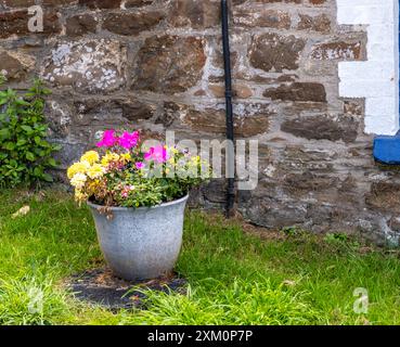 Fiori colorati in una pentola fuori da una casa d'epoca non identificata fatta di pietra Foto Stock