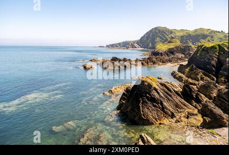 Vista della baia rocciosa da Capstone Hill, nella città di Ilfracombe, nel Devonshire Foto Stock