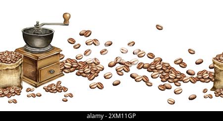bordo senza cuciture per acquerello con macinacaffè manuale, chicchi di caffè e sacchetto in tela marrone pieno con chicchi di caffè, illustrazione del tema del caffè, hand dr Foto Stock
