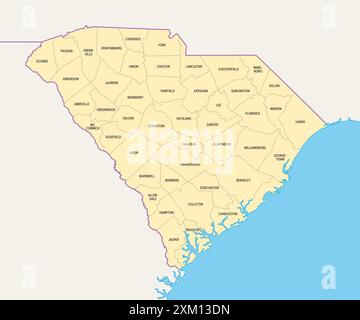 Contee della Carolina del Sud, mappa politica con i confini e i nomi delle contee. Stato nella regione sud-orientale degli Stati Uniti, suddiviso in 46 contee. Foto Stock