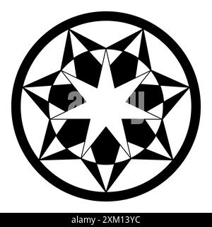 Ritagliare il modello circolare con sette stelle racchiuse in due cerchi. Struttura simile a Mandala ed eptagram, composta da numerosi triangoli e pentagoni. Foto Stock