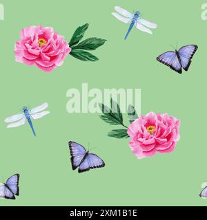 Motivo senza cuciture con peonie rosa, farfalle lilla e libellule blu. Illustrazione ad acquerello fatta a mano su sfondo verde. Per la carta da imballaggio, Foto Stock