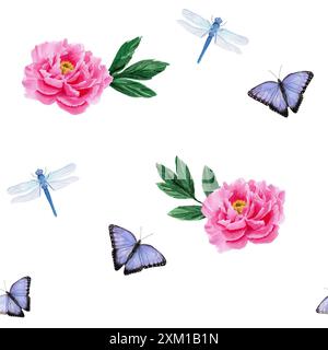 Motivo senza cuciture con peonie rosa, farfalle lilla e libellule blu. Illustrazione ad acquerello fatta a mano su sfondo bianco. Per la carta da imballaggio, Foto Stock