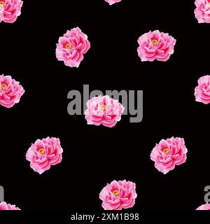 Motivo senza cuciture con peonie rosa. Illustrazione ad acquerello fatta a mano su sfondo nero. Per il confezionamento di carta, tessuto, carta da parati, imballaggio, design, f Foto Stock