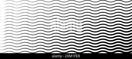 Linee nere ondulate che vanno da sottili a spesse. Onde striate disegnate con inchiostro. Sfondo geometrico astratto con struttura della superficie acquosa monocromatica. Vettore Illustrazione Vettoriale