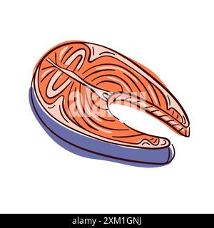 Bistecca di salmone in stile piatto per il menu del ristorante. Fetta di pesce. Illustrazione vettoriale isolata su sfondo bianco Illustrazione Vettoriale