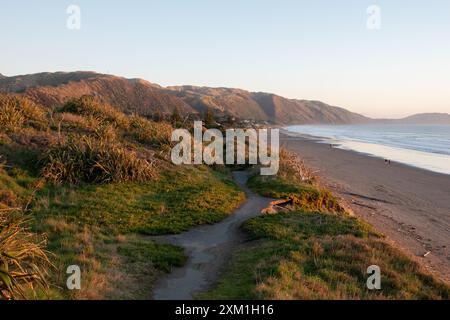 Vista del parco Queen Elizabeth che guarda a sud verso Paekakariki e Pukerua Bay a Kapiti, nuova Zelanda Foto Stock