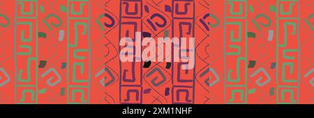 Questa immagine mostra un motivo etnico vibrante e simmetrico caratterizzato da un'intricata gamma di forme e linee geometriche. L'armoniosa miscela di avidità Foto Stock