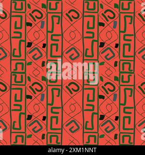 Questa immagine mostra un motivo etnico vibrante e simmetrico caratterizzato da un'intricata gamma di forme e linee geometriche. L'armoniosa miscela di avidità Foto Stock
