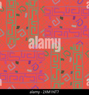 Questa immagine mostra un motivo etnico vibrante e simmetrico caratterizzato da un'intricata gamma di forme e linee geometriche. L'armoniosa miscela di avidità Foto Stock