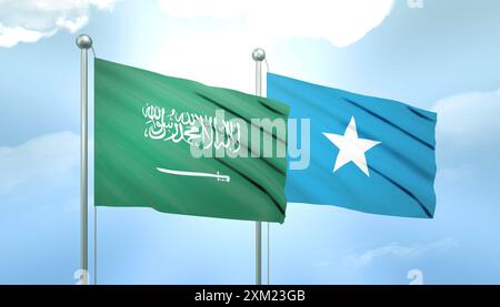 Bandiera 3D dell'Arabia Saudita e della Somalia sul cielo blu con sole splendente Foto Stock