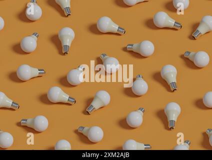 Schema isometrico senza cuciture delle lampadine a LED su sfondo arancione. illustrazione 3d. Foto Stock