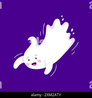 Divertente cartoni animati Halloween kawaii personaggio fantasma. Adorabile spirito vettoriale dolce e divertente, il bambino si viaggerà con un grande sorriso carino e un'espressione giocosa che galleggia e. Illustrazione Vettoriale