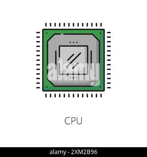 Software del processore della scheda madre del computer o icona della linea del chip video. Driver hardware, applicazione o prodotto software del server o del sistema del personal computer l Illustrazione Vettoriale