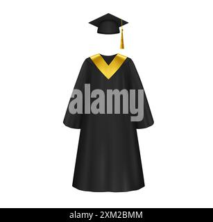 Camice graduato e berretto. Abbigliamento vettoriale 3d realistico isolato per la cerimonia di laurea all'università. Abito formale nero con decorazioni dorate e morboa Illustrazione Vettoriale