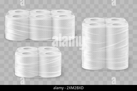 Carta igienica realistica e carta igienica in rotolo di carta igienica con mockup vettoriali isolati 3D. Nastro igienico monouso testurizzato bianco avvolto in una confezione di cellophane. BAT Illustrazione Vettoriale