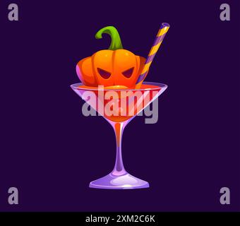 Cocktail drink per la festa di Halloween. Vettoriale di cartoni animati, spettrale guarnizione di zucca Jack-o-lanterna, servita in un bicchiere di martini con vivace liquido di arancia e. Illustrazione Vettoriale