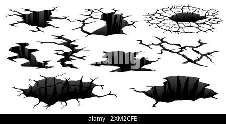 Incrinature e buchi a terra, rotture terremotate, spaccatura del terreno o effetto di impatto del terreno, sfondo vettoriale. Incrinature e fori di terra con struttura di co Illustrazione Vettoriale