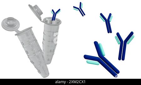 Il rendering 3d delle provette Eppendorf viene spesso utilizzato nella ricerca per immagazzinare e purificare gli anticorpi. Possono essere utilizzati anche per miscelare anticorpi con altri reagenti Foto Stock