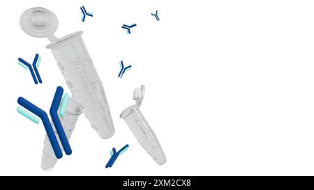 Il rendering 3d delle provette Eppendorf viene spesso utilizzato nella ricerca per immagazzinare e purificare gli anticorpi. Possono essere utilizzati anche per miscelare anticorpi con altri reagenti Foto Stock