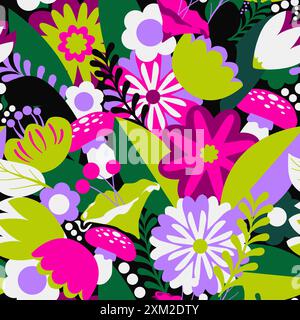 Motivo floreale senza cuciture. Colori primaverili, vegetazione varia, funghi nascosti, foglie e molti fiori. Illustrazione Vettoriale