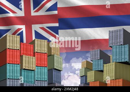 Bandiera dello stato delle Hawaii e una grande pila di container per il trasporto merci in banchine con sfondo cielo da vicino Foto Stock
