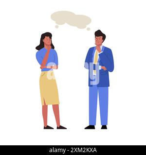 Uomo e donna in posa pensiva e con il pensiero. Gli uomini d'affari si incontrano e parlano. Concetto di risoluzione dei problemi, ricerca di nuove idee Illustrazione Vettoriale