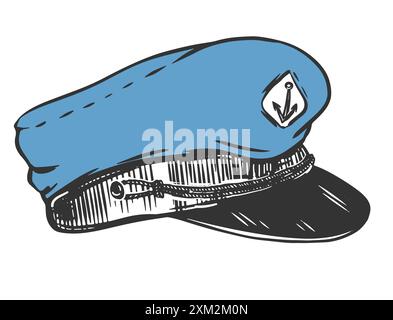 Cappello del capitano su sfondo bianco. Elemento dell'uniforme dell'ufficiale della marina. Cappello da capitano in stile vintage. Illustrazione vettoriale nello stile grafico Illustrazione Vettoriale