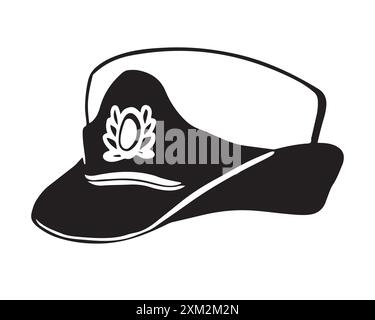 Illustrazione in bianco e nero di un copricapo femminile. Cappellino navale femminile. Illustrazione vettoriale. Un elemento di una uniforme marina femminile. Illustrazione Vettoriale