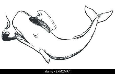 Uno sperma bianco nel cappello di un capitano e con un tubo fumante in bocca. Illustrazione creativa di un cachalot come capitano. Caricatura dell'offic Illustrazione Vettoriale