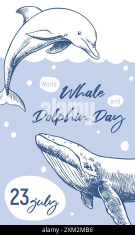 Giornata Mondiale delle balene e dei delfini 23 luglio Poster verticale vettoriale. Le balene sono disegnate a mano, con tecnica di incisione, con disegno di linee. Gli animali marini nuotano nella oc Illustrazione Vettoriale