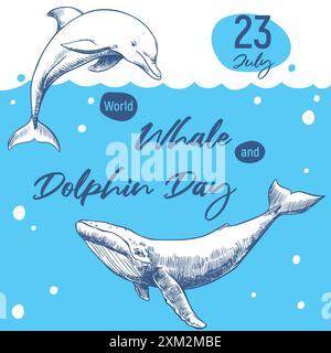 Giornata mondiale delle balene e dei delfini 23 luglio Poster vettoriale. Le balene sono disegnate a mano, tecnica di incisione, disegno della linea. Gli animali marini nuotano nell'oceano Envir Illustrazione Vettoriale
