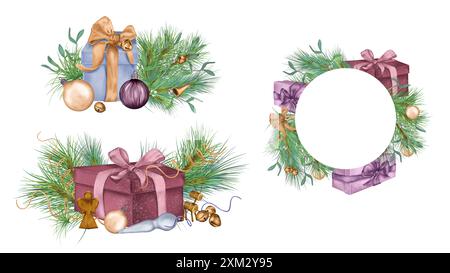 Scatole regalo e rami di pino in una cornice circolare con illustrazione ad acquerello isolata sul bianco. Set con composizioni natalizie disegnate a mano. Elementi di progettazione Foto Stock