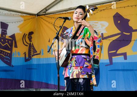 Malmesbury, Regno Unito. 25 luglio 2024. Noriko Tadano si esibisce a radio WOMAD durante Womad - World of Music, Arts and Dance 2024. Foto di Julie Edwards./Alamy Live News Foto Stock