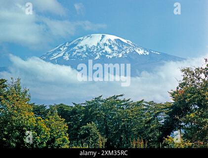 Der Kibo, Hauptvulkankegel des Kilimandscharomassivs, ueber 50 km weit vom Mount Meru Vulkan bei Aruscha, ueber die Sigirari-bene und den Regenwaldguertel gesehen. Kilimandscharo *** Kibo, il principale cono vulcanico del massiccio del Kilimangiaro, visto a oltre 50 km dal vulcano del Monte Meru vicino ad Arusha, attraverso la pianura di Sigirari e la fascia della foresta pluviale del Kilimanjaro Foto Stock